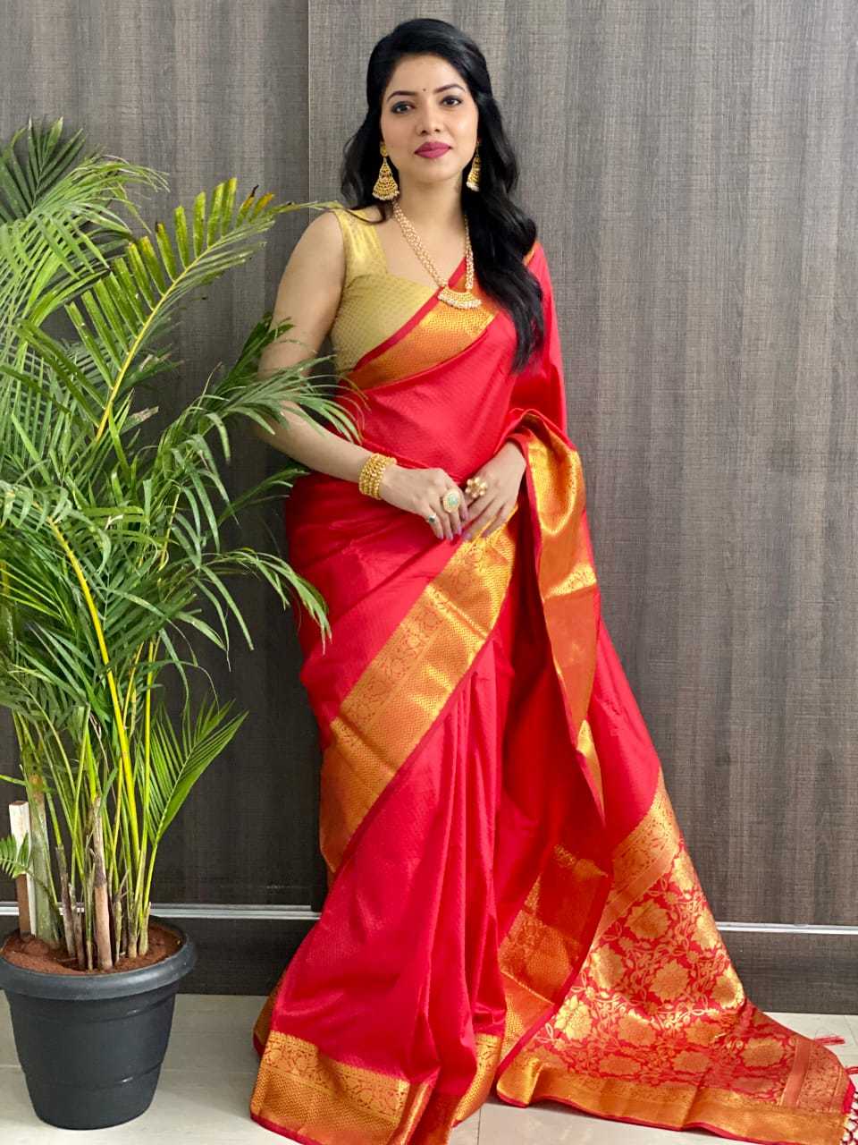 pr simple red party wear rich pallu handloom zari wok saree with tassel single design