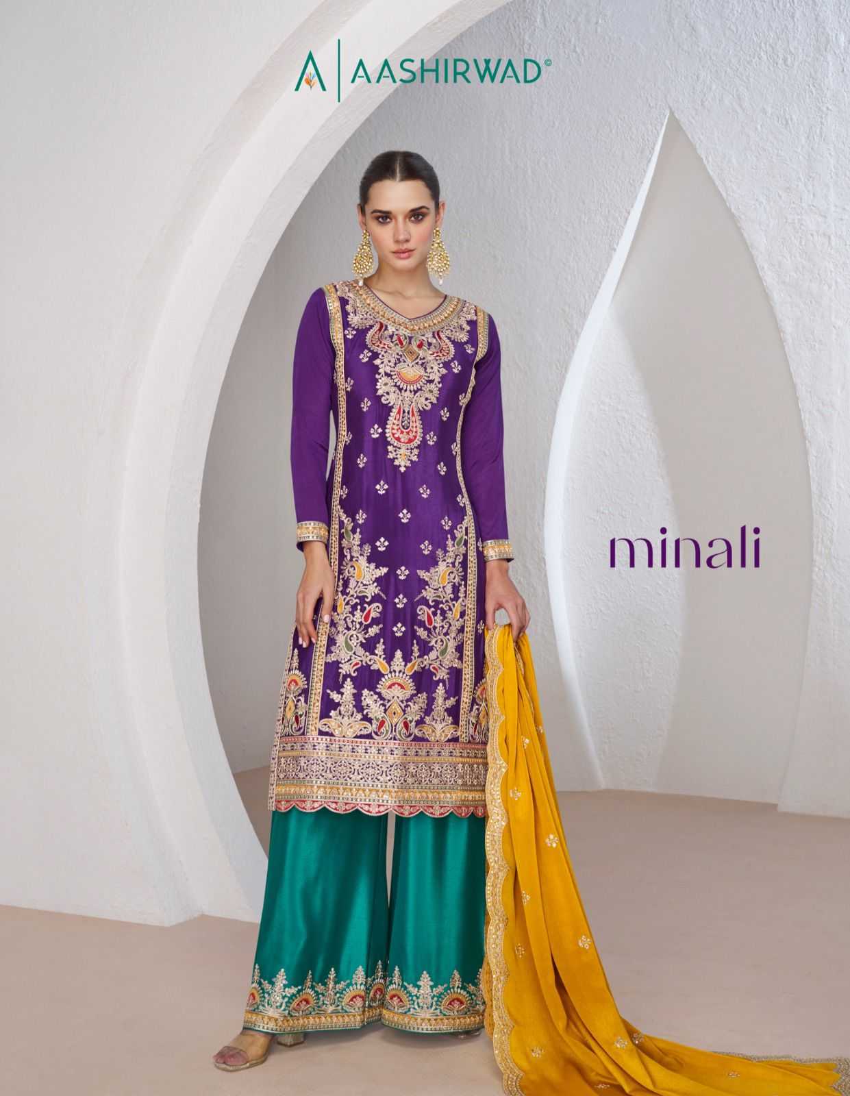 minali by aashirwad chinon silk readymade wedding top plazzo with dupatta