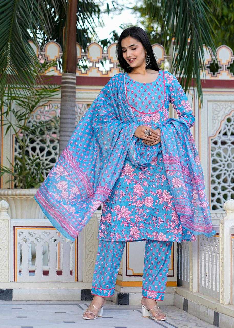 pr cotton block print 3 part 3 fancy wear readymade salwar suit combo set 