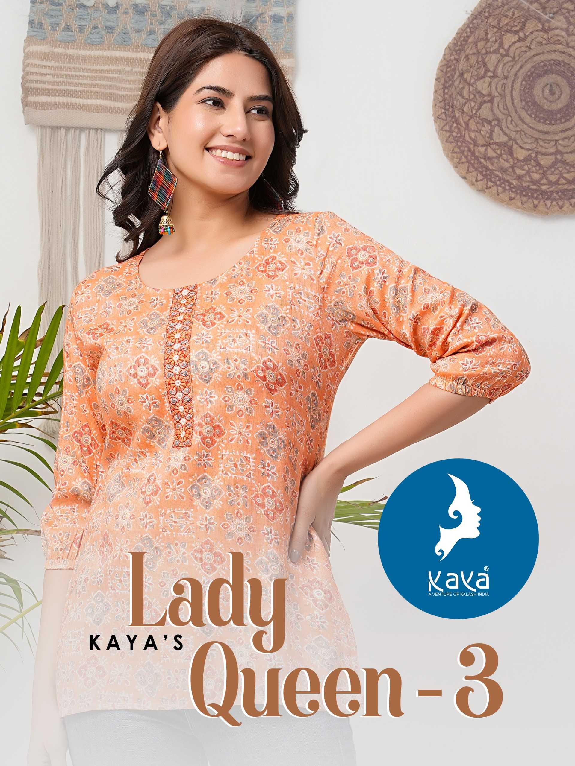 kaya presents lady queen 3 fancy regular use capsule print short kurti