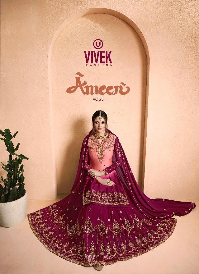 Vivek Ameen Vol 5 Satin Georgette Embroidery Lehanga Style Salwar Suit Wholesale