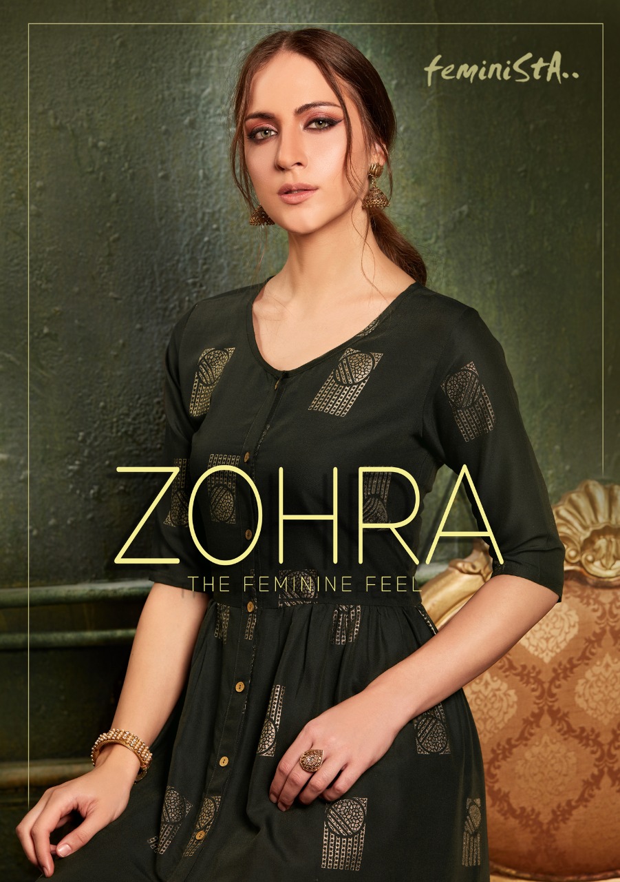 Feminista Zohra Rayon Foil Kurti With Pant Wholesaler
