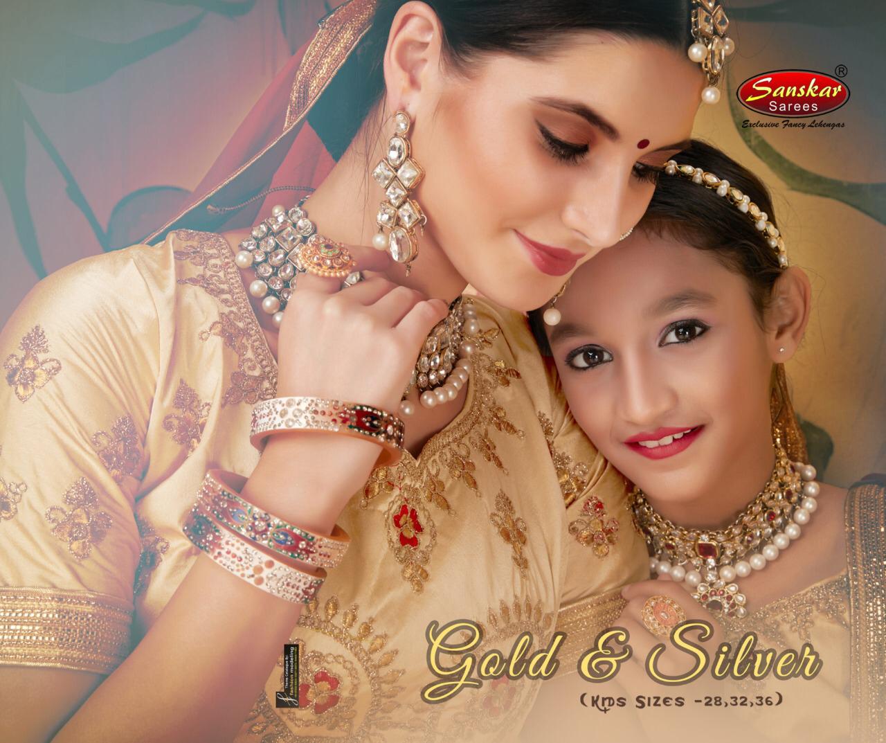 Gold And Silver By Sanskar Style Pure Satin Mother And Daughter Lehanga Seller