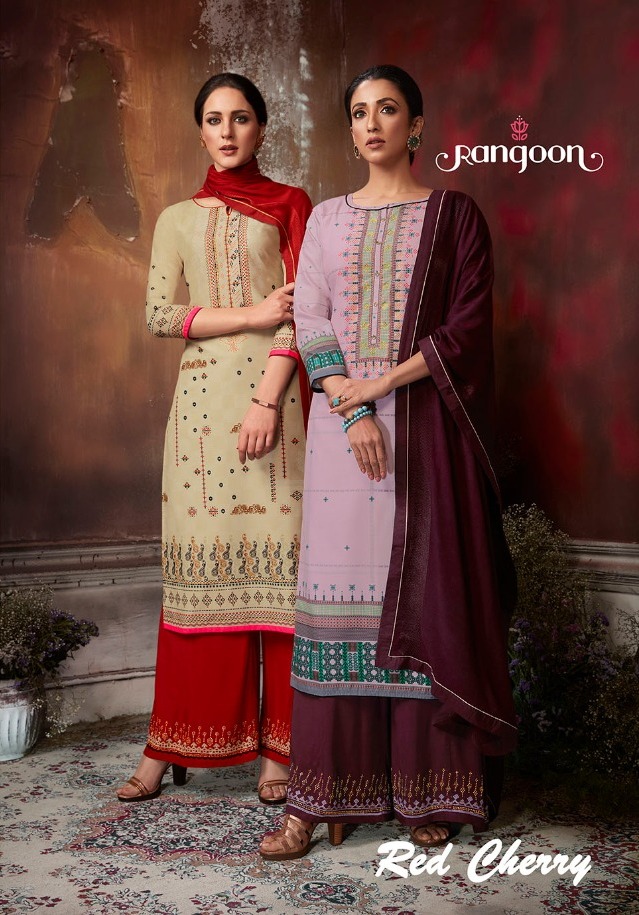 Rangoon Red Cherry Muslin Rayon Ready Made Palazzo Style Salwar Kameez