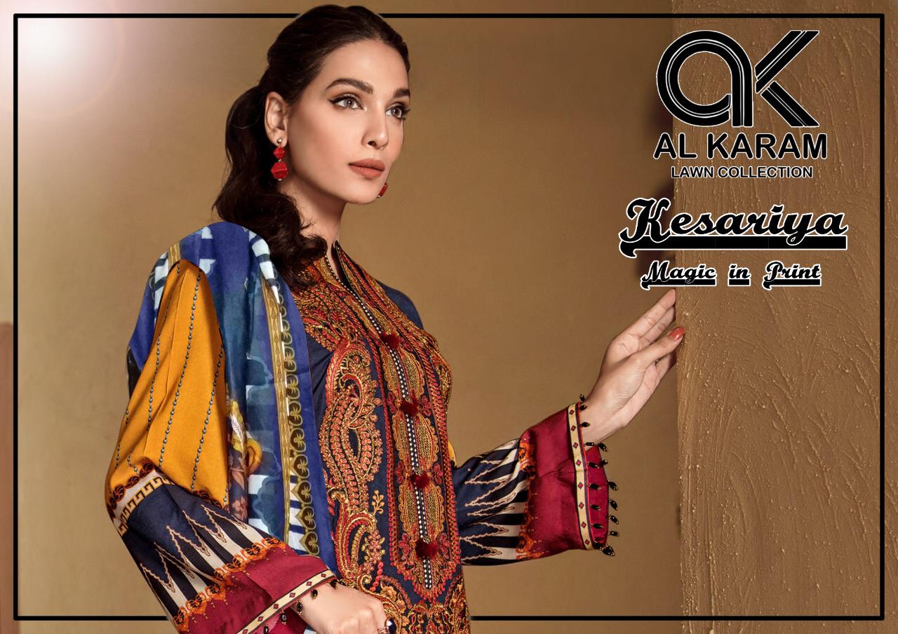 Gul Ahmed Al Karam Vol 1 Lawn Kesariya Printed Pakistani Dress Materials