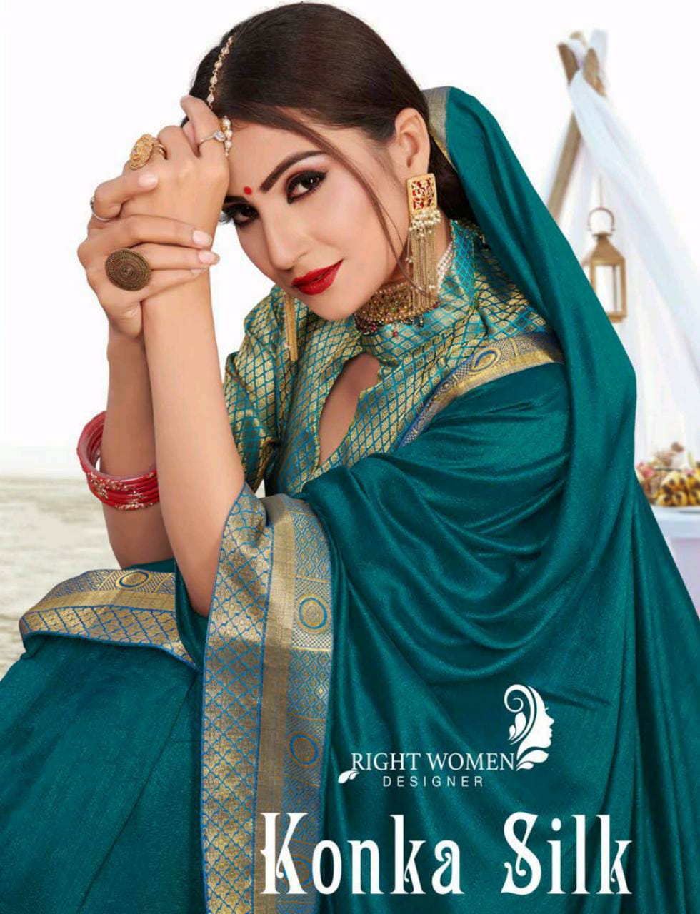 Right Women Designer Konka Silk Heavy Border With Brocade Blouse Saree