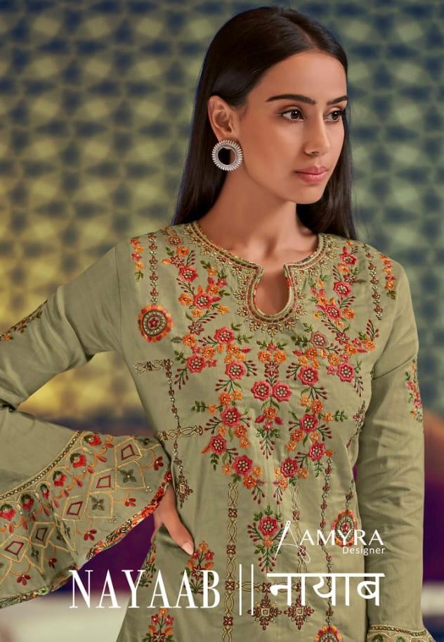 Nayaab By Amyra Designer Satin Digital Print With Baloon Sleeve Plazzo Style Suit