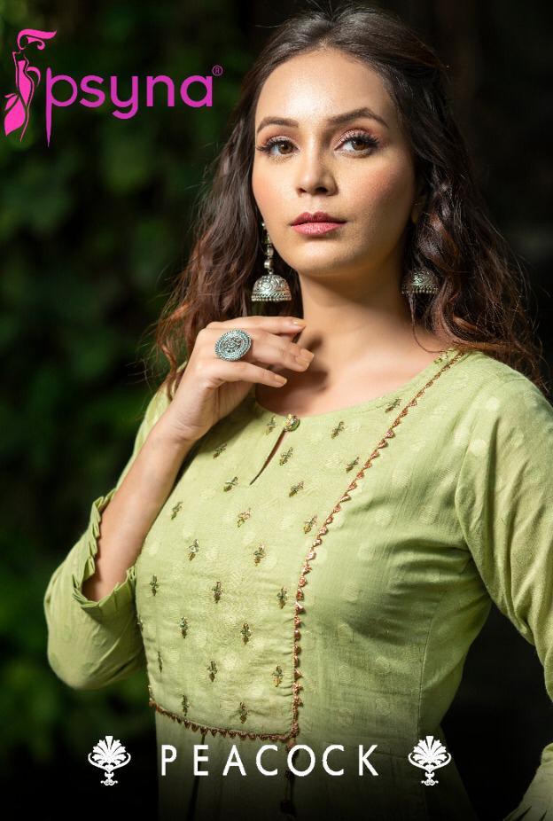 Psyna Present Peacock Cotton With Zari Effect Fresh New Bright Colours Kurti