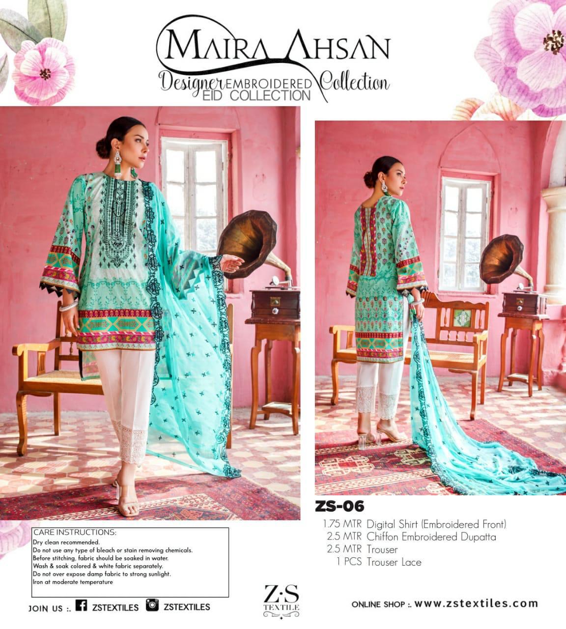 Zs Textiles Maira Ahsan Embroidered Collection Original Lawn Pakistani Suits Wholesaler