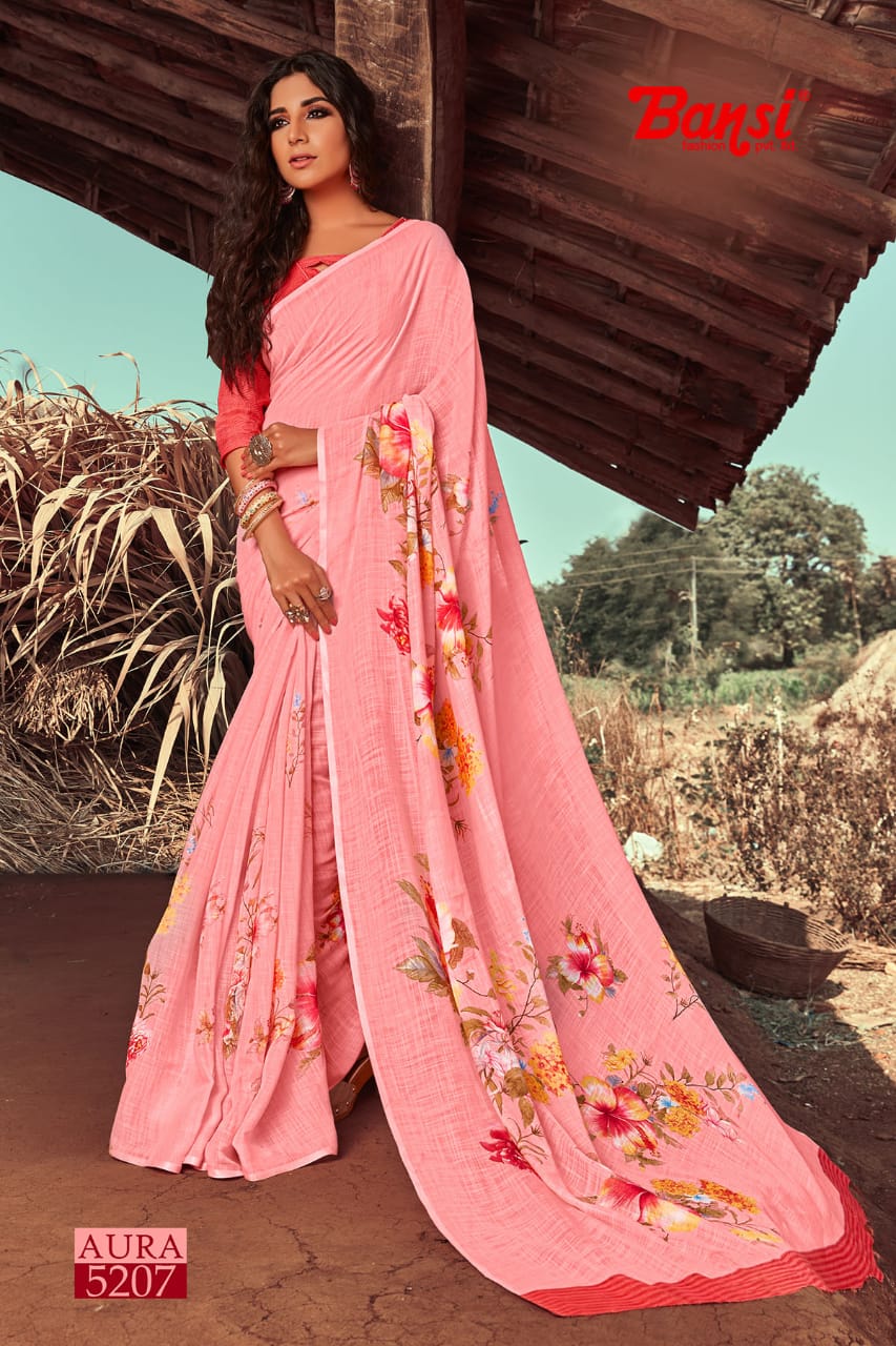 Bansi Fashion Aura Plain Linen Printed Stylish Saree Catalogs Collections
