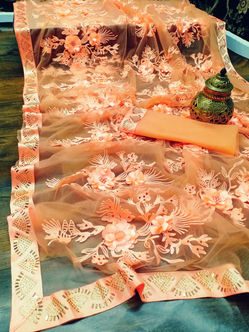 Df 4022 By Divya Fashion Soft Net Fancy Work Flower With Beautiful Border Party Wear Saree