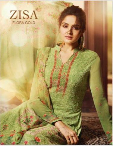Meera Trendz Zisa Flora Gold Georgette With Arri Work Digital Print Suits