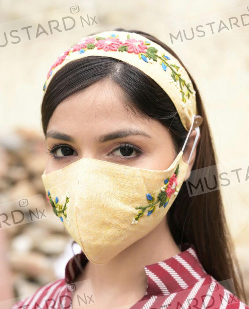 Mustard Present Fancy Embroidery Mask With Matching Hair Band For Girls