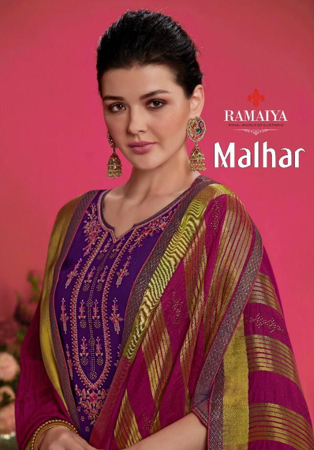 Ramaiya Malhar Jam Silk Embroidery Dress Materials Wholesaler