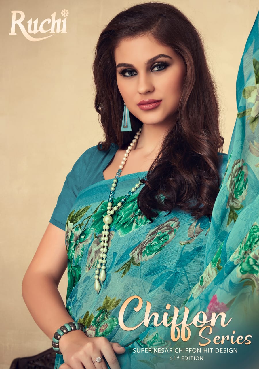Ruchi Super Kesar Chiffon Vol 51 Printed Gorgeous Saree Wholesaler