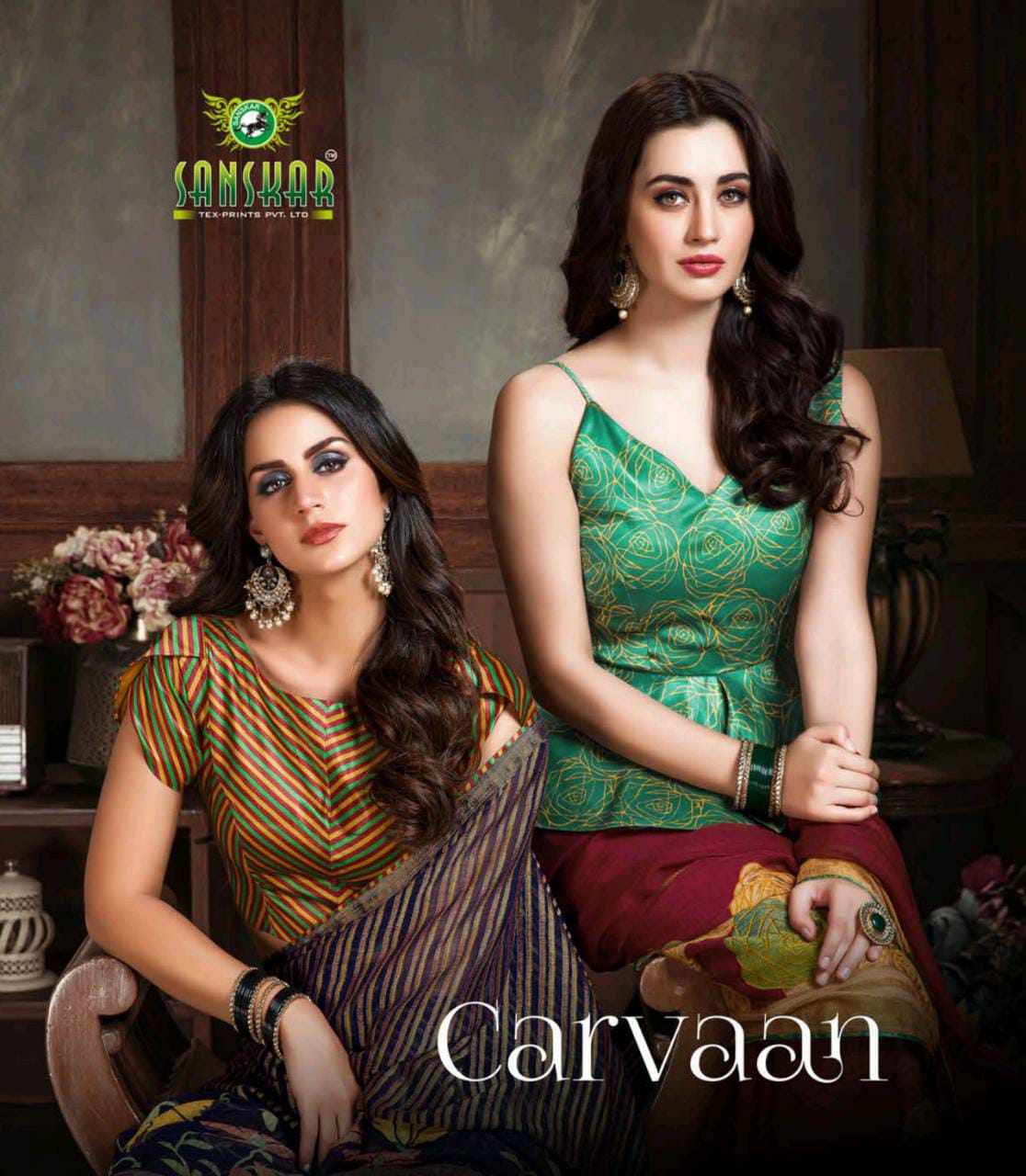 Sanskar Tex Print Carvaan Checks Pattern Fancy Cut Brasso Saree Exporter