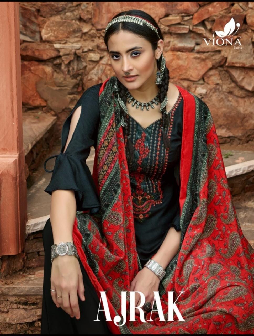 Viona Suit Presents Ajrak Euro Wool Print With Embroidery Suits Collections Of Evergreen Wear