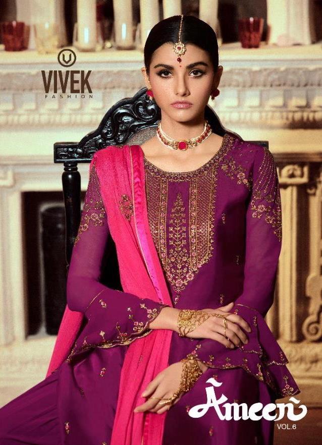 Vivek Presents Ameen Vol 6 Satin Georgette With Embroidery Designer Sharara Style Suits