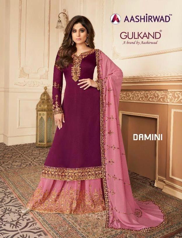 Aashirwad Damini Premium Silk Satin Wedding And Festival Wear Designer Heavy Plazzo Style Suits