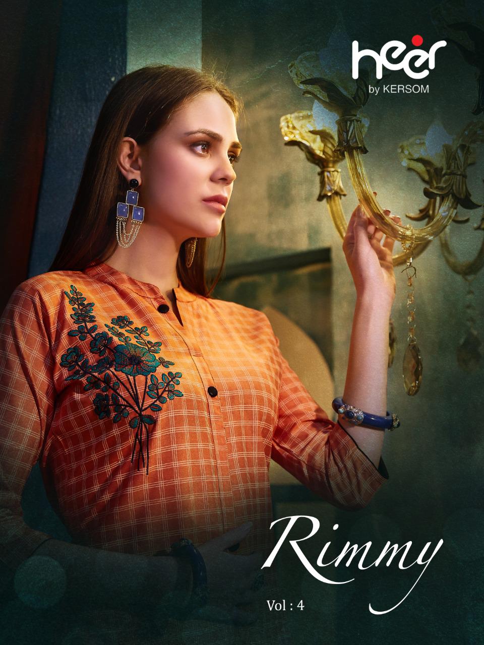Kersom Heer Launch Rimmy Vol 4 Rayon Checks Work Concept Kurti At Lowest Rate