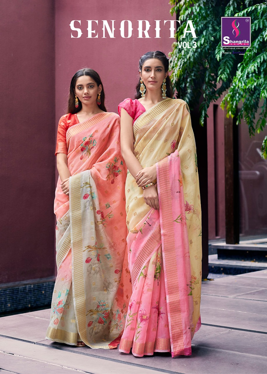 Shangrila Launch Senorita Vol 3 Linen Jacquard Digital Print Saree Wholesaler