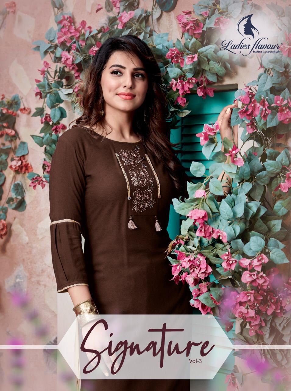 Signature Vol 3 By Ladies Flavour Rayon Embroidery Long Top With Bottom Pair