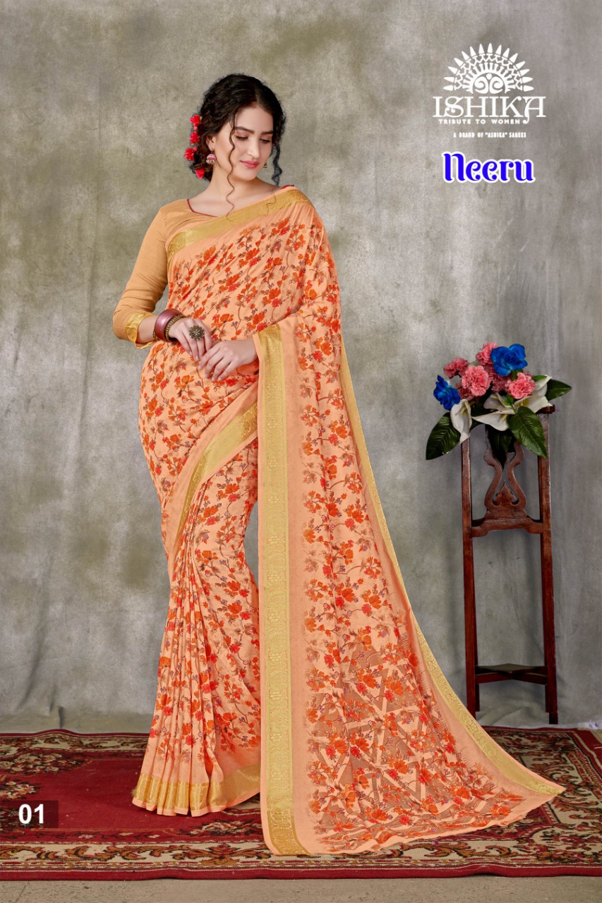 Ishika Saree Neeru Fancy Designer Print With Zari Border Saree Exporter