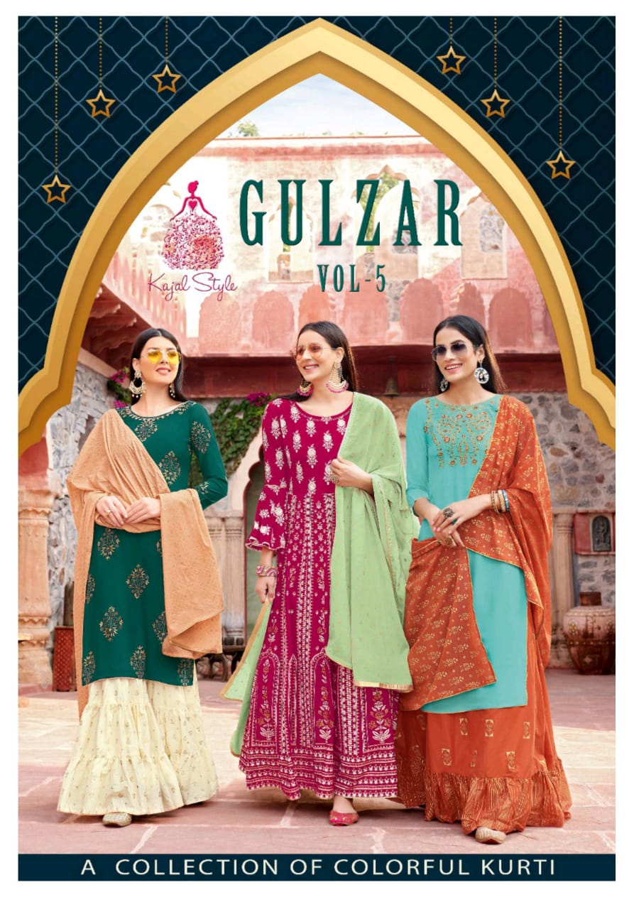 Kajal Style Gulzar Vol 5 Rayon Cotton Kurti With Skirt Plazzo And Sharara With Dupatta