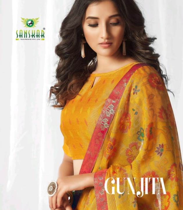 Sanskar Presenting Gunjita Pure Chiffon Brasso Synthetic Stylish Saree Online Exporter