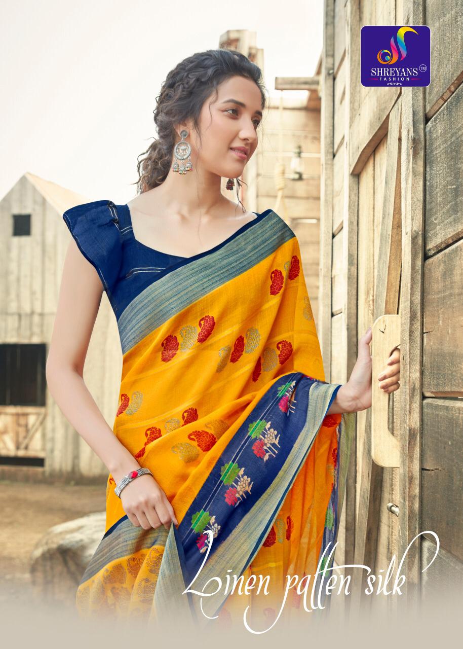 Shreyans Fashion Linen Patten Silk Exclusive Stylish Synthetic Linen Silk Saree Catalogs
