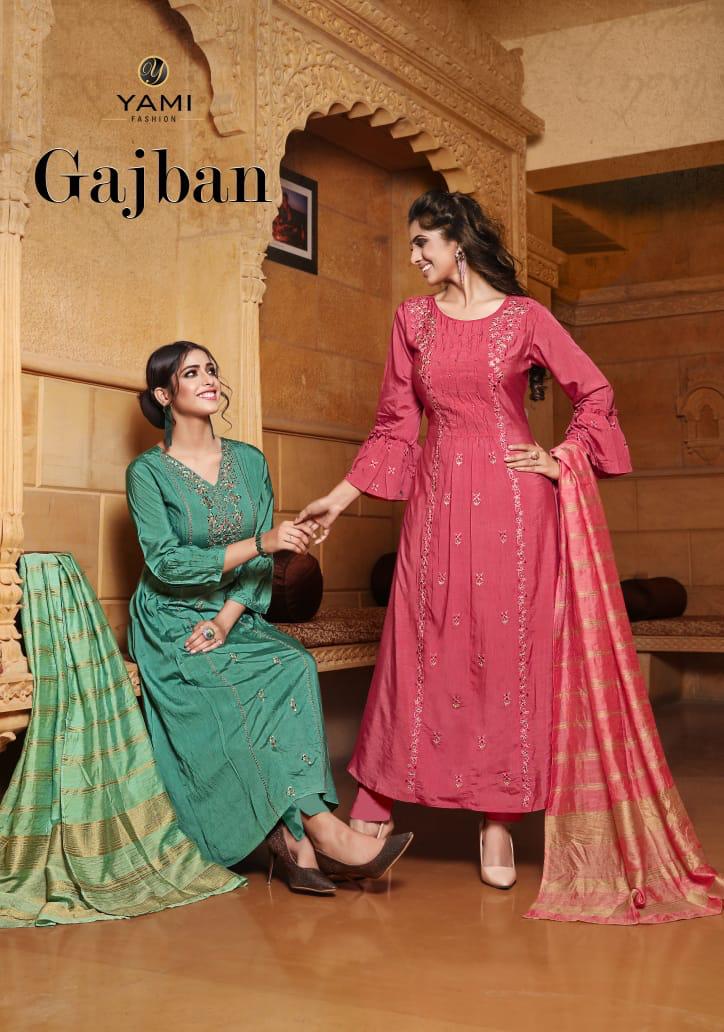 Yami Fashion Gajban Long Party Wear Exclusive Viscose Chanderi Kurti With Dupatta Catalogs