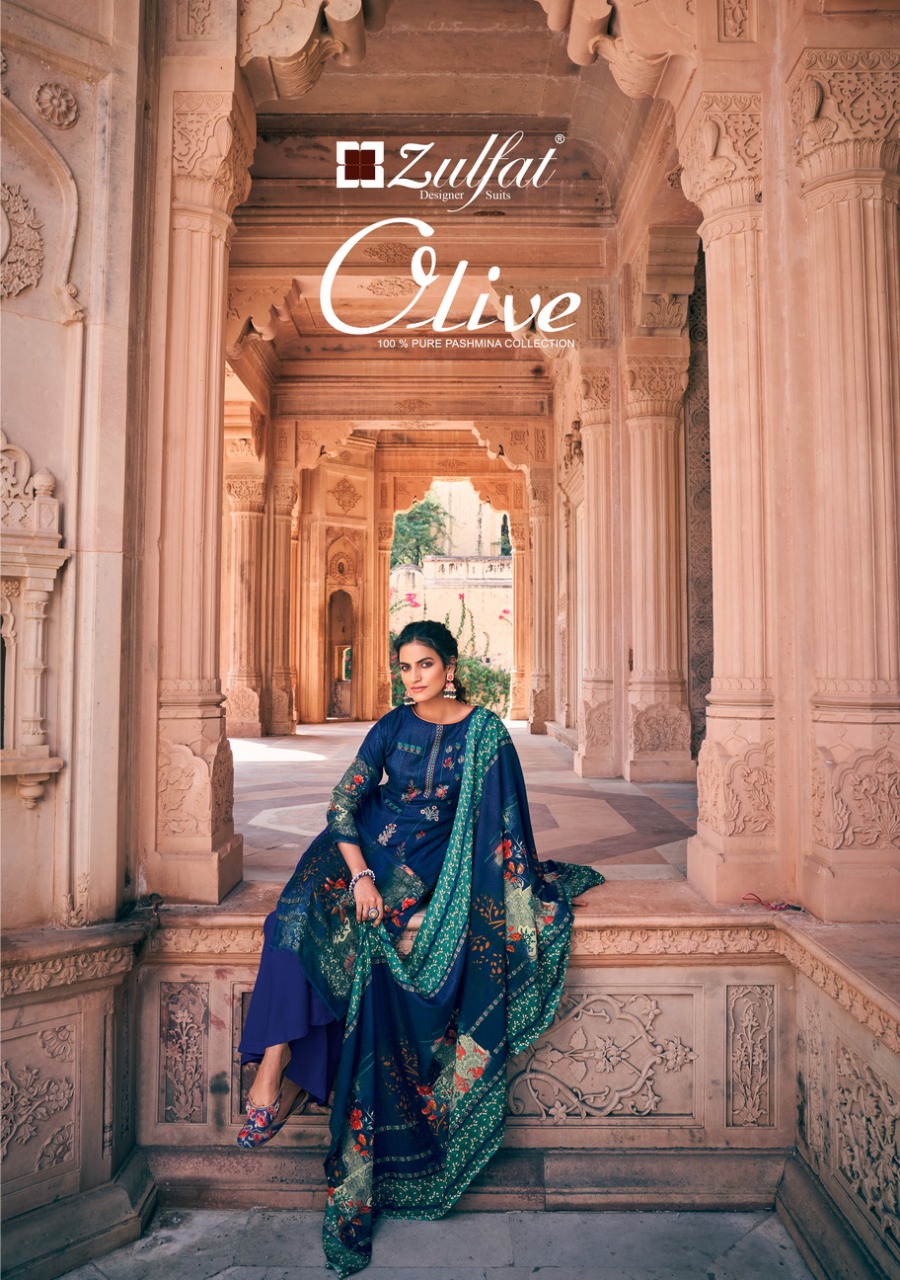 Zulfat Designer Launch Olive Pure Pashmina Print Casual Wear Salwar Suits Wholesaler