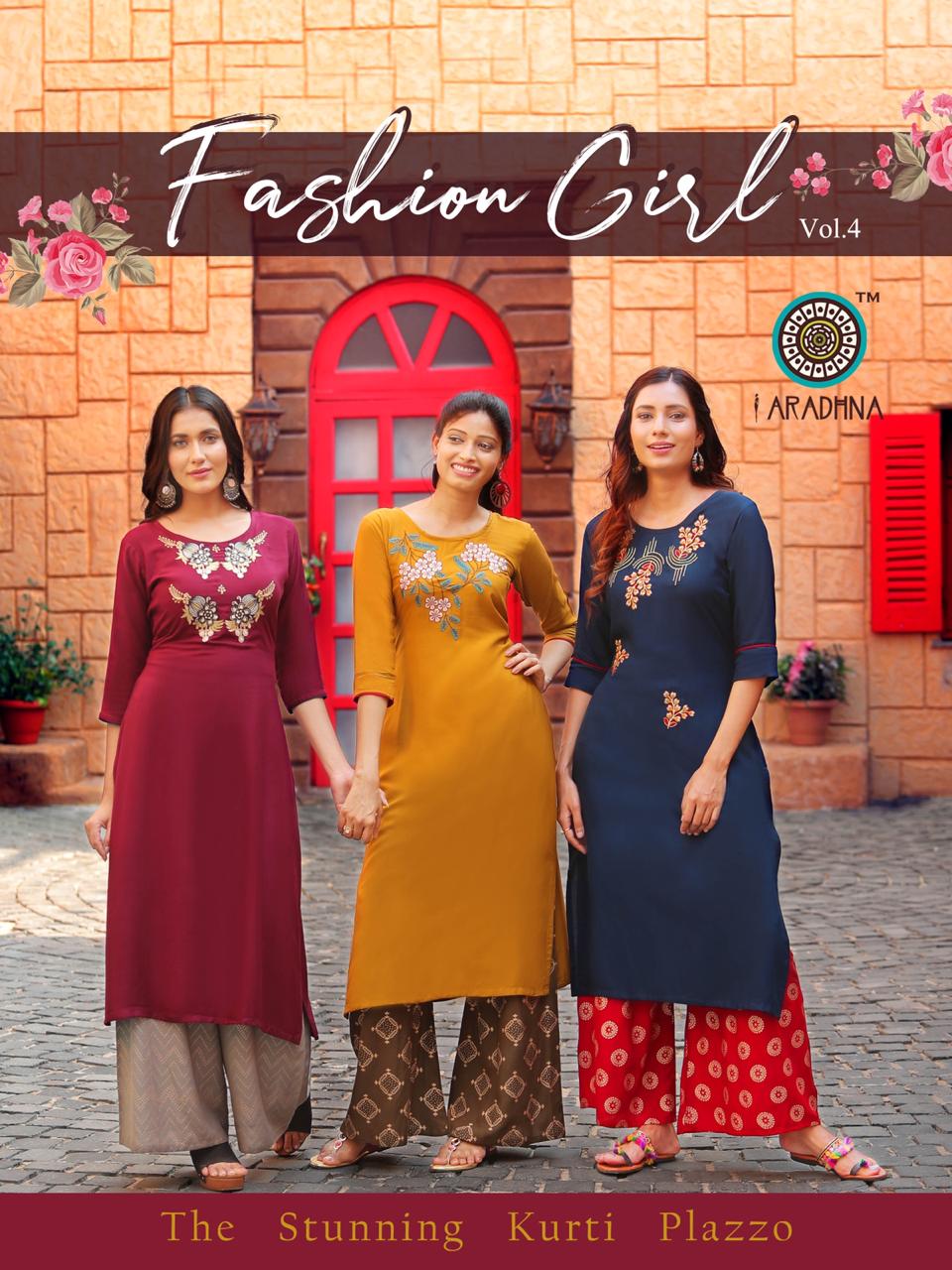 Aradhana Fashion Girl Vol 4 Rayon Embroidery Work Kurti With Plazzo Online Supplier