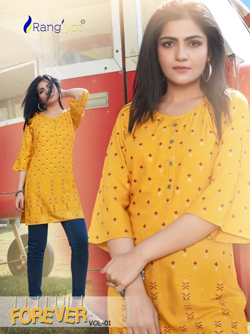 Rang Jyot Presenting Forever Vol 1 Rayon Gold Print Short Kurti For Girls At Lowest Rate