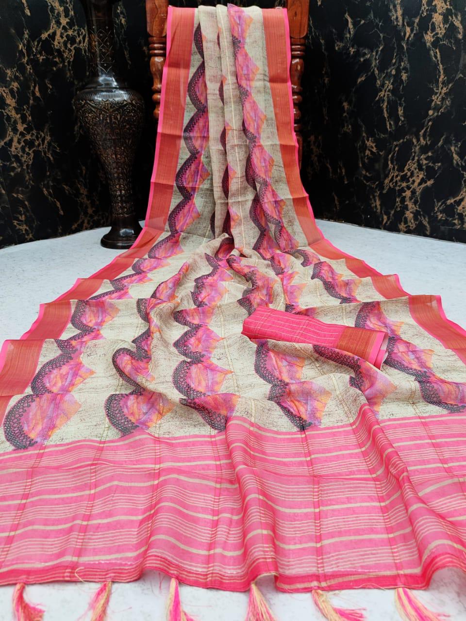 Shvetambar Creation Patten Delicious Linen With Zari Pattern Digital Print Saree