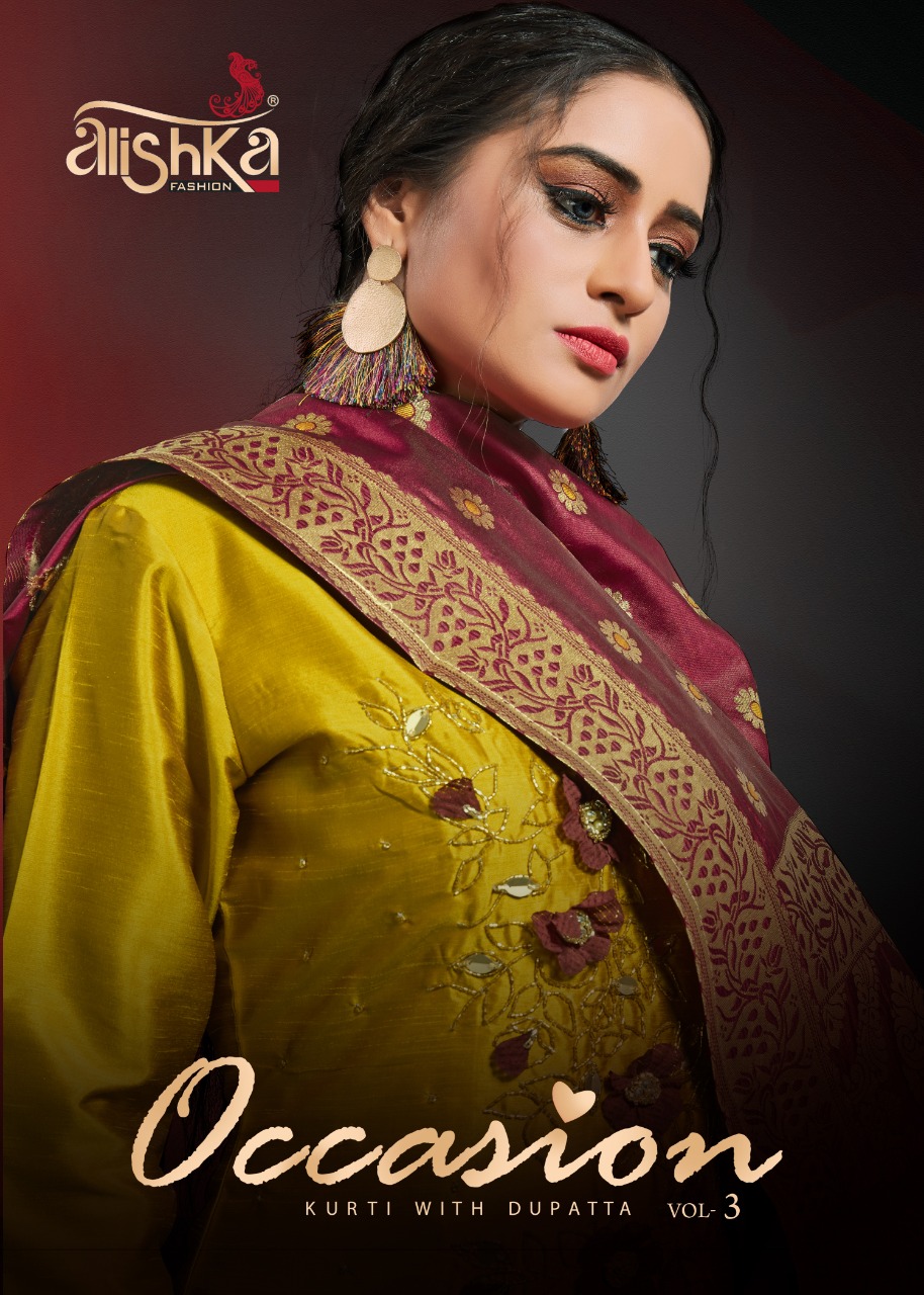 Alishka Fashion Launch Occasion Vol 3 Silk Stylish Traditional Wear Kurti With Banarasi Dupatta