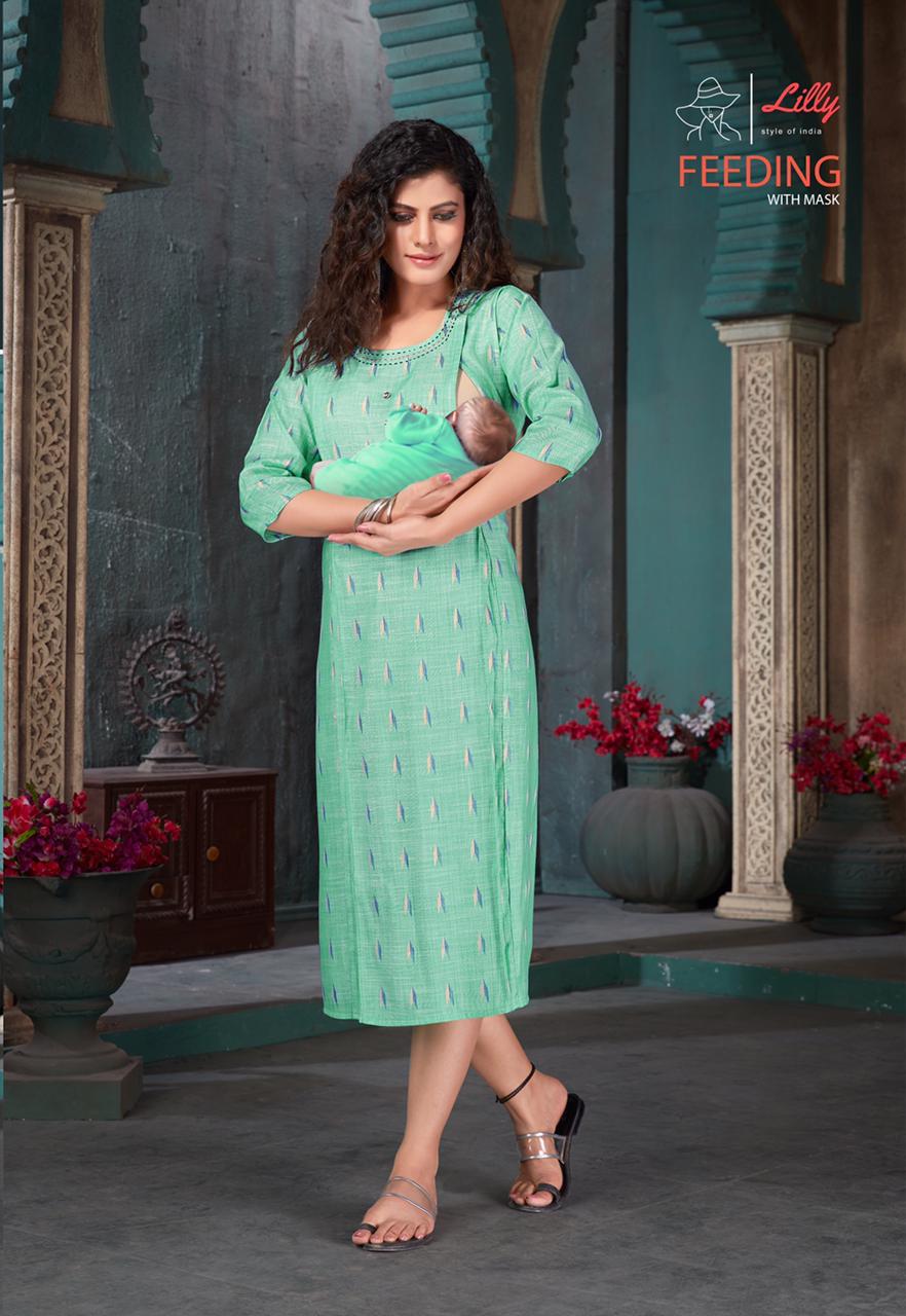 Feeding By Lilly Style Of India Ikkat Cotton Kurti With Feeding Zips And Mask Collection