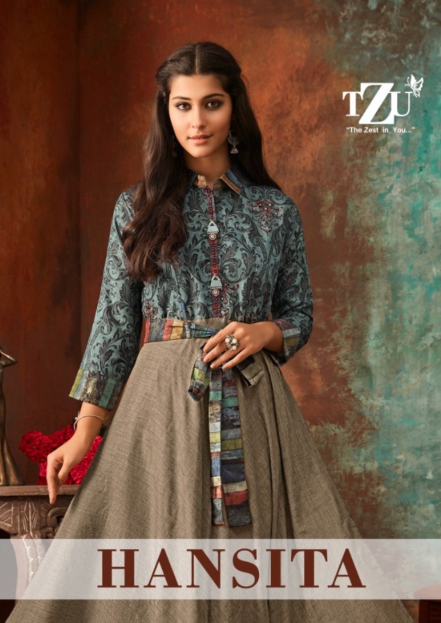 Hansita By Tzu Lifestyle Muslin Linen Digital Print Long Round Cut Kurti At Comfort Wear