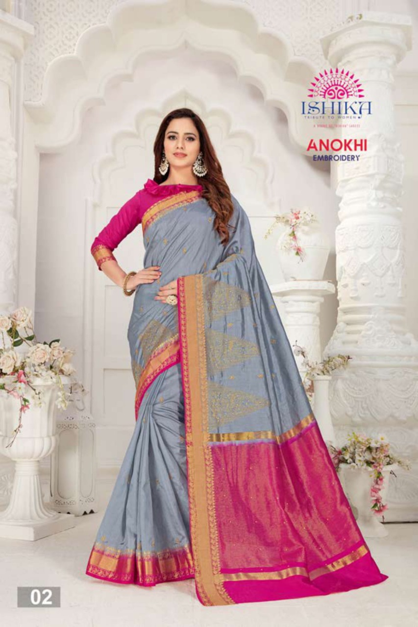 Ishika Anokhi Nylon Silk Embroidery Saree Elegant Latest Saree Supplier