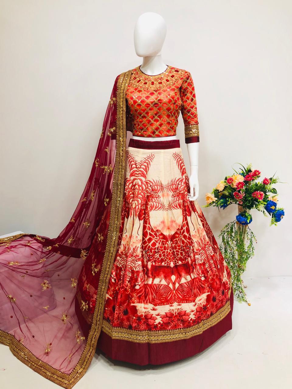 K4u Ghoomar 9004 Silk Beautiful Digital Print Embroidered Shaded Royal Red Wedding Collections Lehenga