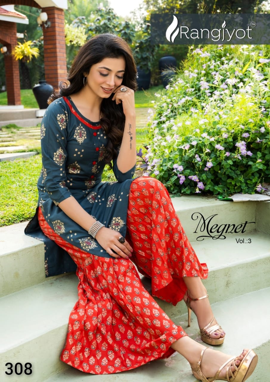 Rangjyot Magnet Vol 3 Rayon Gold Print Kurti With Sharara Collections Seller