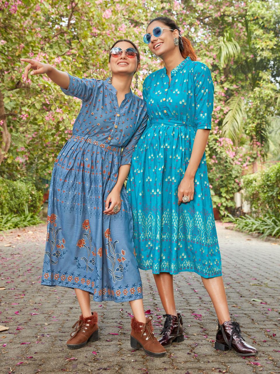 Style Out Vol 3 By Vee Fab Rayon Slub With Gold Print Long Style Kurti Catalogs Seller