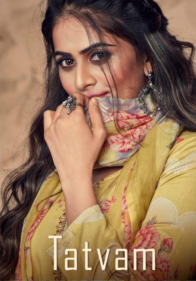 T And M Present Tatvam Cotton Satin Printed Embroidery Dress Materials