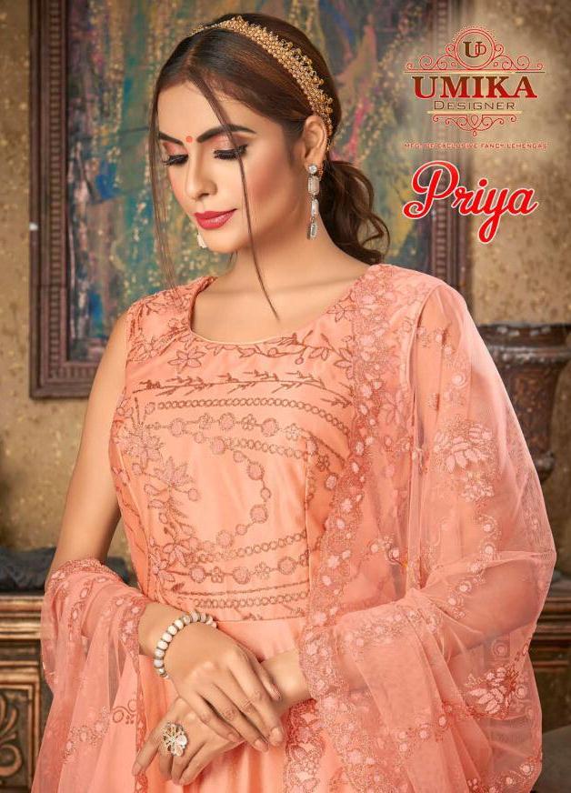 Umika Designer Priya New Party Wear Long Gown Catalogs Of Silk Fabric With Heavy Work Dupatta