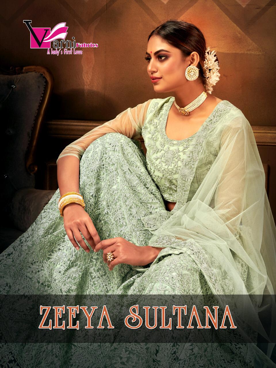 Varni Fabrics Zeeya Sultana Embroidery Work Net 1001-1004 Series Designer Lehenga