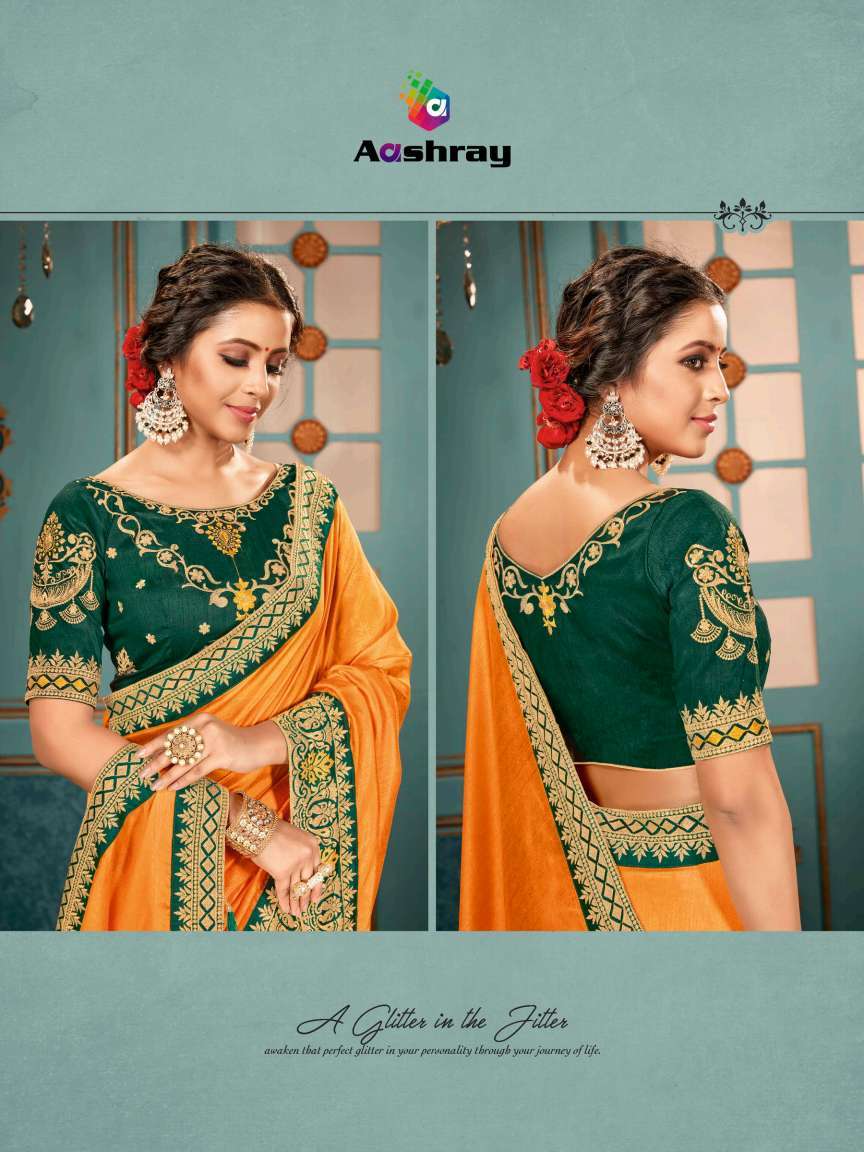 aashray aneri fancy elegant saree with designer blouse concept wholesaler in surat 