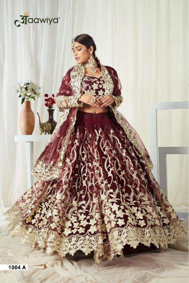 aawiya present agnilekha 1004 new colours butterfly net heavy bridal lehenga collection