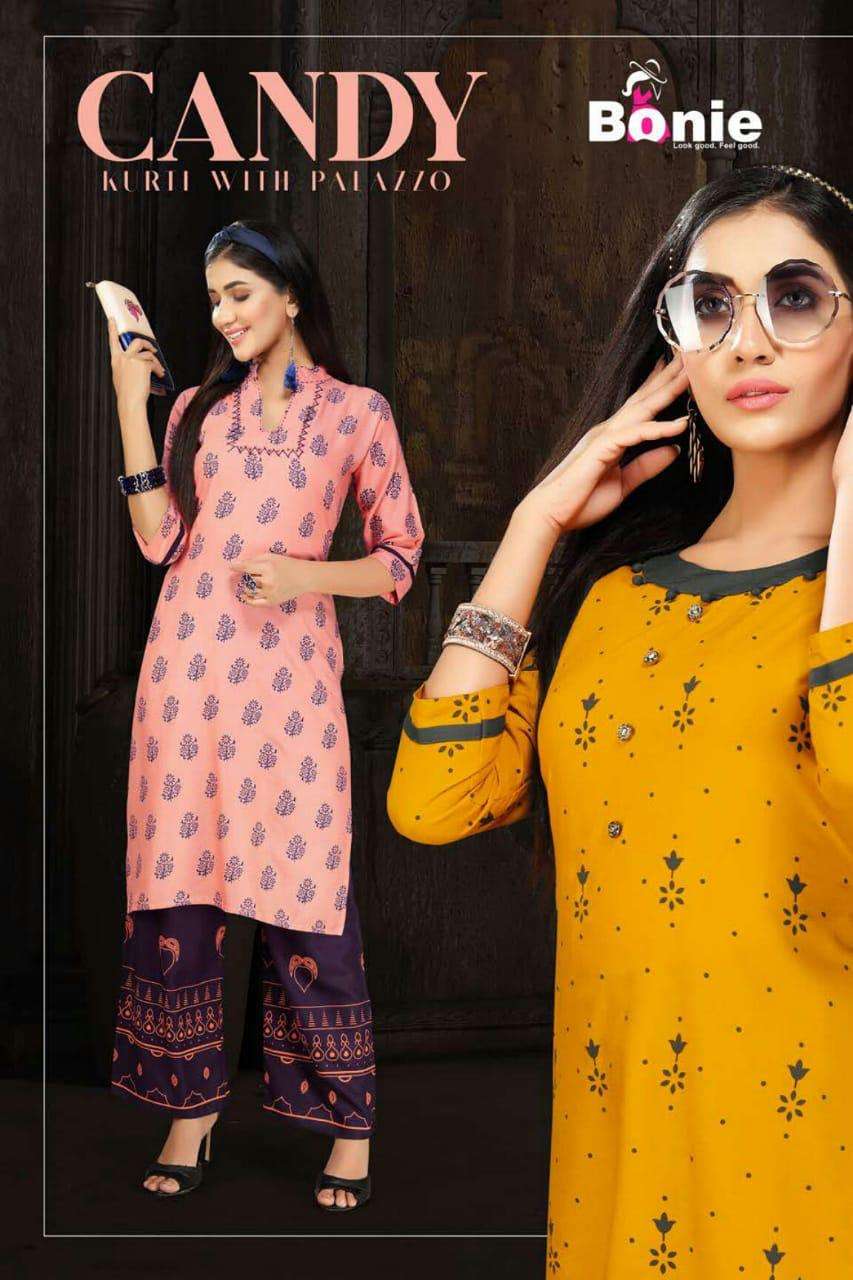 candy by bonie heavy rayon with plazo whit print kurti catalog collection wholesaler best rate ahmedabad surat india
