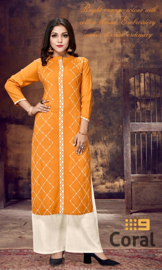 Channel 9 Launch Coral Exclusive Rayon Lucknowi Embroidery Work Kurti Trader