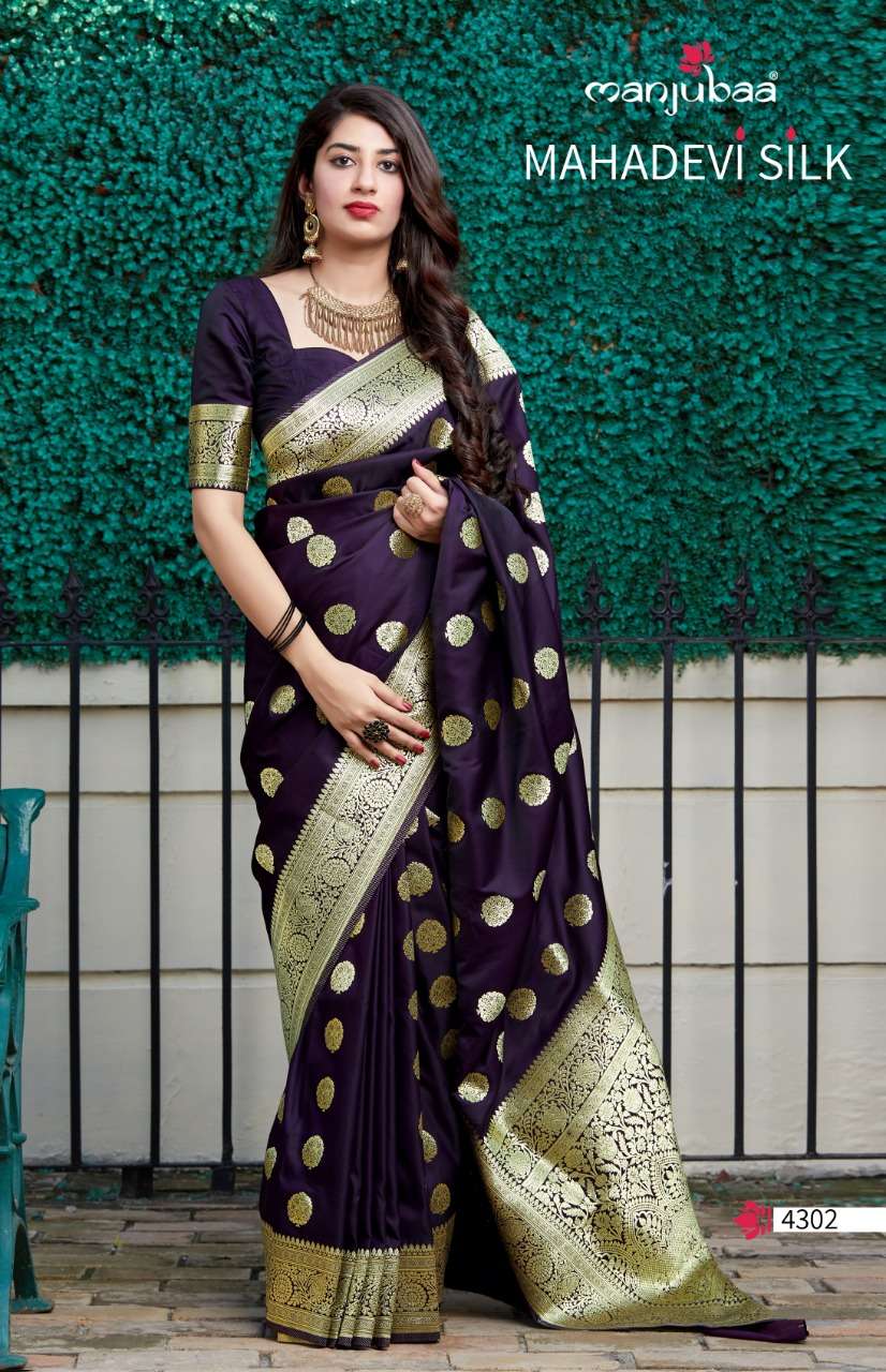 manjubaa mahadevi silk 4301-4304 series banarasi shalu style indian saris collection 